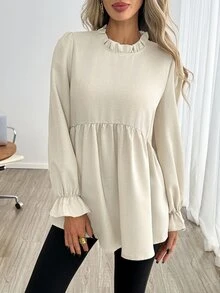 Easowa 女款素色荷葉邊圓領長袖休閒優雅襯衫 教師節辦公穿搭杏色秋季 - 杏色 - 查看 5