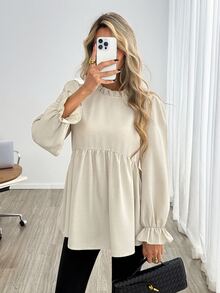 Easowa 女款素色荷葉邊圓領長袖休閒優雅襯衫 教師節辦公穿搭杏色秋季 - 杏色 - 查看 3