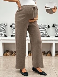 SHEIN Maternity Drawstring Tie Waist Minimalist Solid Color Sweater Pants Winter - Brown - View 9