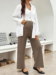 SHEIN Maternity Drawstring Tie Waist Minimalist Solid Color Sweater Pants Winter - Brown - View 6