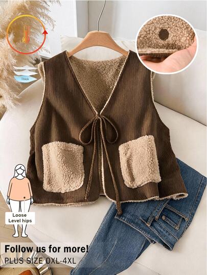 CosyJoli Plus Size Women's Vest Jacket, Reversible Polka Dot Teddy Fleece Corduroy In Coffee Autumn/ Casual Western Safari Going Out Hiking Winter