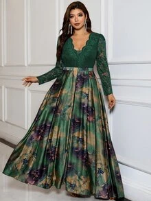 SHEIN Clasi Plus Size Women's Contrast Lace V-Neck Long Sleeve Elegant Dress - Green - View 7
