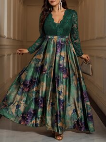 SHEIN Clasi Plus Size Women's Contrast Lace V-Neck Long Sleeve Elegant Dress - Green - View 2