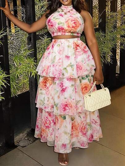Slaydiva Plus Size Women's Floral Print Halter Top And Tiered Skirt Elegant 2-Piece Set