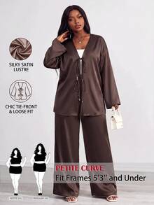 SHEIN PETITE CURVE 大尺碼女款純色落肩長袖寬鬆開襟衫與長褲休閒優雅兩件套 正式辦公棕色秋季 - 咖啡棕 - 查看 4