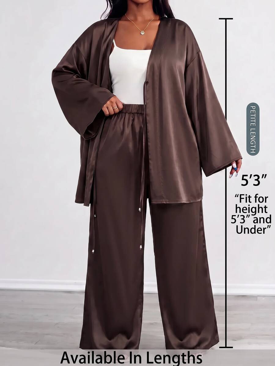 SHEIN PETITE CURVE 大尺碼女款純色落肩長袖寬鬆開襟衫與長褲休閒優雅兩件套 正式辦公棕色秋季 - 咖啡棕 - 查看 1
