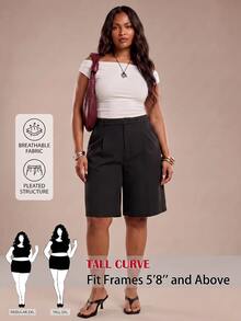 SHEIN Tall CURVE 大尺碼女款純色休閒優雅百搭日常穿著短褲 辦公正式黑色夏季款 - 黑色 - 查看 7