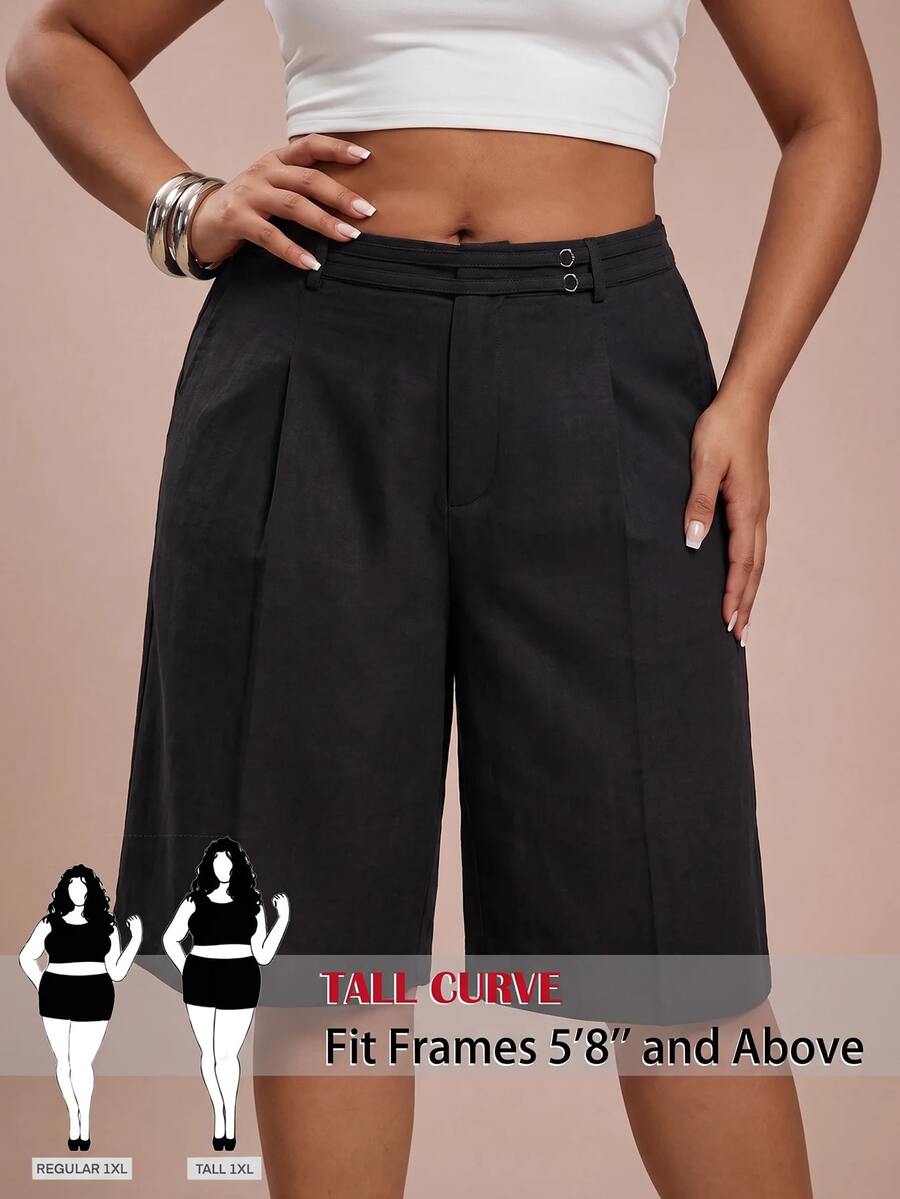 SHEIN Tall CURVE 大尺碼女款純色休閒優雅百搭日常穿著短褲 辦公正式黑色夏季款 - 黑色 - 查看 1