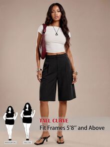 SHEIN Tall CURVE 大尺碼女款純色休閒優雅百搭日常穿著短褲 辦公正式黑色夏季款 - 黑色 - 查看 3