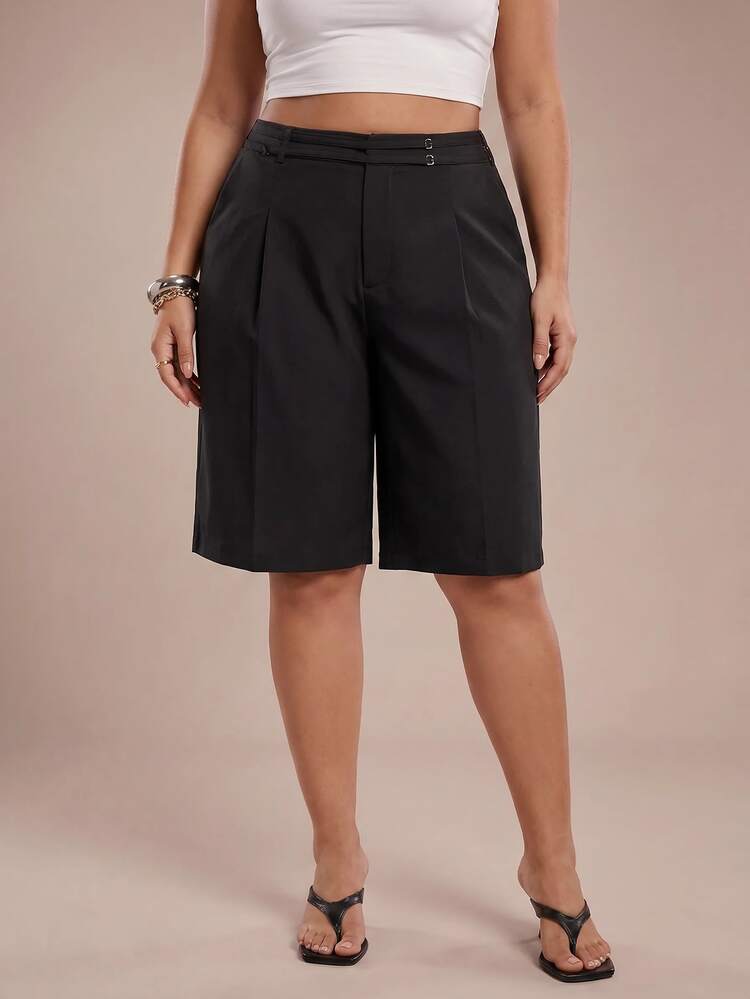 SHEIN Tall CURVE Plus Size Women Solid Color Casual Elegant Versatile Daily Wear Shorts Office Formal Black Summer - Black - View 5