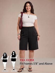 SHEIN Tall CURVE 大尺碼女款純色休閒優雅百搭日常穿著短褲 辦公正式黑色夏季款 - 黑色 - 查看 2