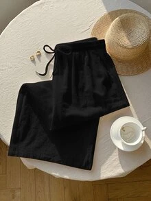 SHEIN PETITE CURVE 大尺碼女款純色極簡休閒抽繩腰寬鬆長褲，適合日常穿著、度假海灘，黑色，秋季 - 黑色 - 查看 4