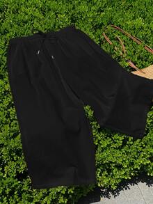 SHEIN PETITE CURVE 大尺碼女款純色極簡休閒抽繩腰寬鬆長褲，適合日常穿著、度假海灘，黑色，秋季 - 黑色 - 查看 5