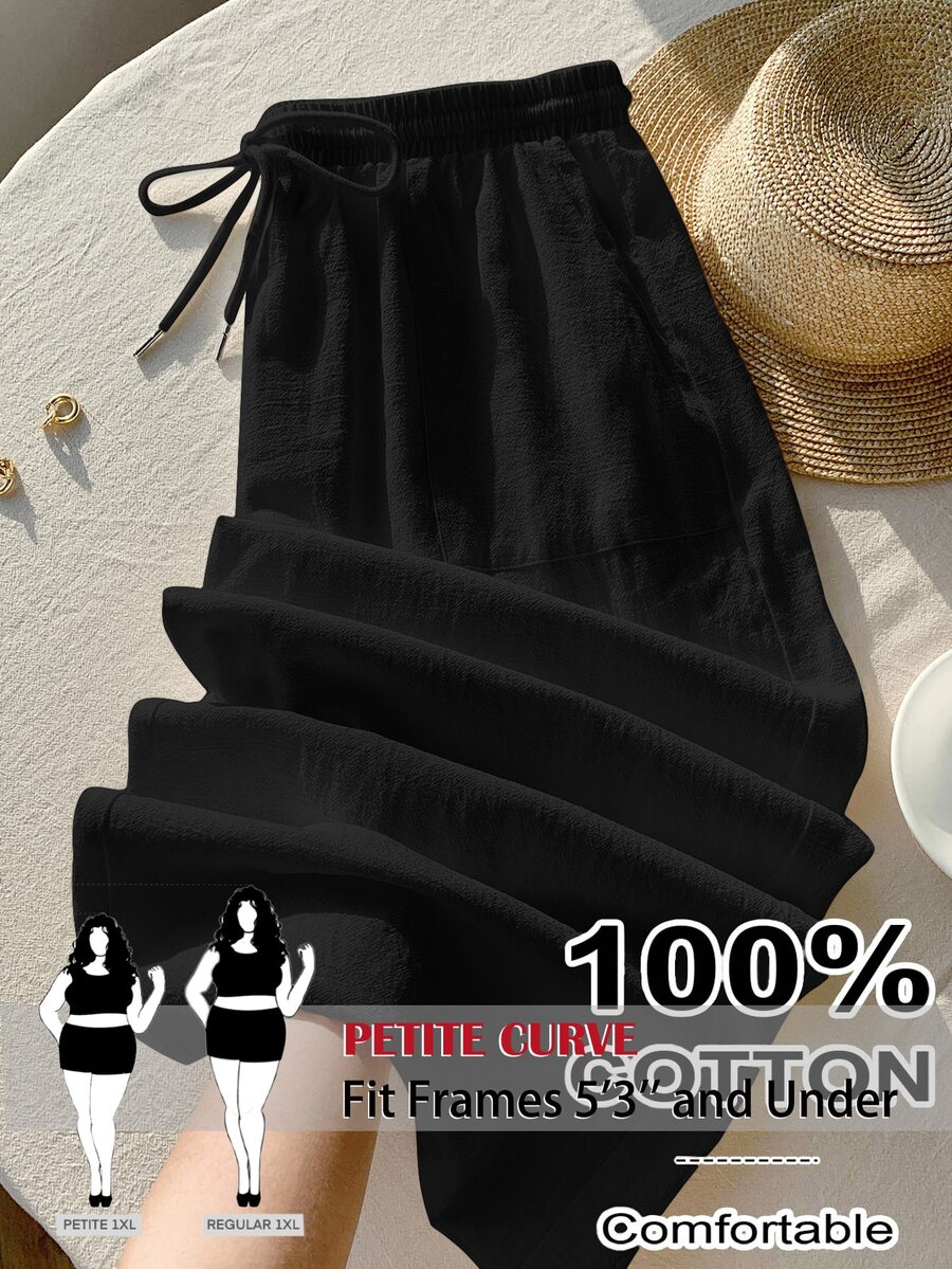 SHEIN PETITE CURVE 大尺碼女款純色極簡休閒抽繩腰寬鬆長褲,適合日常穿著、度假海灘,黑色,秋季 - 黑色 - 查看 1