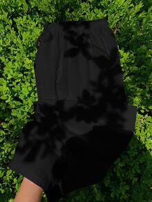 SHEIN PETITE CURVE 大尺碼女款純色極簡休閒抽繩腰寬鬆長褲，適合日常穿著、度假海灘，黑色，秋季 - 黑色 - 查看 6