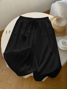 SHEIN PETITE CURVE 大尺碼女款純色極簡休閒抽繩腰寬鬆長褲，適合日常穿著、度假海灘，黑色，秋季 - 黑色 - 查看 8