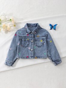Girls' Short Denim Jacket, Autumn/Winter New Arrival, Cute Vintage Style, Distressed Denim Color, Colorful Heart Embroidery, Cropped Fitted Fit, Versatile For Daily Wear, Can Be Paired With Sweatshirts, Suitable For School, Daily Outings And Casual Wear - Light Wash - View 4