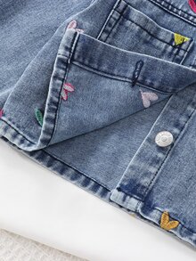 Girls' Short Denim Jacket, Autumn/Winter New Arrival, Cute Vintage Style, Distressed Denim Color, Colorful Heart Embroidery, Cropped Fitted Fit, Versatile For Daily Wear, Can Be Paired With Sweatshirts, Suitable For School, Daily Outings And Casual Wear - Light Wash - View 6