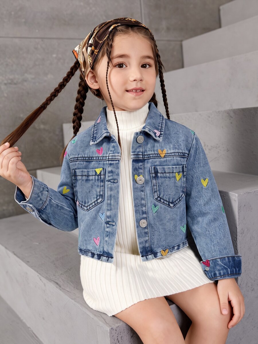 Girls' Short Denim Jacket, Autumn/Winter New Arrival, Cute Vintage Style, Distressed Denim Color, Colorful Heart Embroidery, Cropped Fitted Fit, Versatile For Daily Wear, Can Be Paired With Sweatshirts, Suitable For School, Daily Outings And Casual Wear - Light Wash - View 1