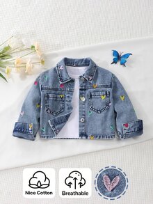 Girls' Short Denim Jacket, Autumn/Winter New Arrival, Cute Vintage Style, Distressed Denim Color, Colorful Heart Embroidery, Cropped Fitted Fit, Versatile For Daily Wear, Can Be Paired With Sweatshirts, Suitable For School, Daily Outings And Casual Wear - Light Wash - View 3