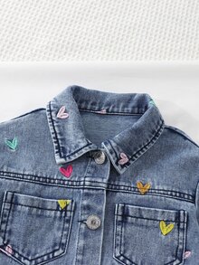 Girls' Short Denim Jacket, Autumn/Winter New Arrival, Cute Vintage Style, Distressed Denim Color, Colorful Heart Embroidery, Cropped Fitted Fit, Versatile For Daily Wear, Can Be Paired With Sweatshirts, Suitable For School, Daily Outings And Casual Wear - Light Wash - View 5
