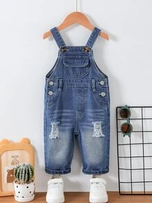 SHEIN Playful Pals 男嬰牛仔藍時尚復古休閒四季款酸洗前胸字母印花可調肩帶吊帶褲 - 中等水洗藍 - 查看 5