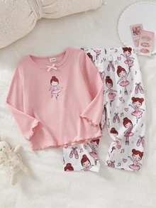 SHEIN Vintaside Kids 女嬰卡通印花長袖上衣與長褲家居服套裝 - 粉色 - 查看 3