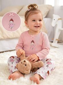 SHEIN Vintaside Kids 女嬰卡通印花長袖上衣與長褲家居服套裝 - 粉色 - 查看 7