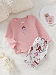 SHEIN Vintaside Kids 女嬰卡通印花長袖上衣與長褲家居服套裝 - 粉色 - 查看 1