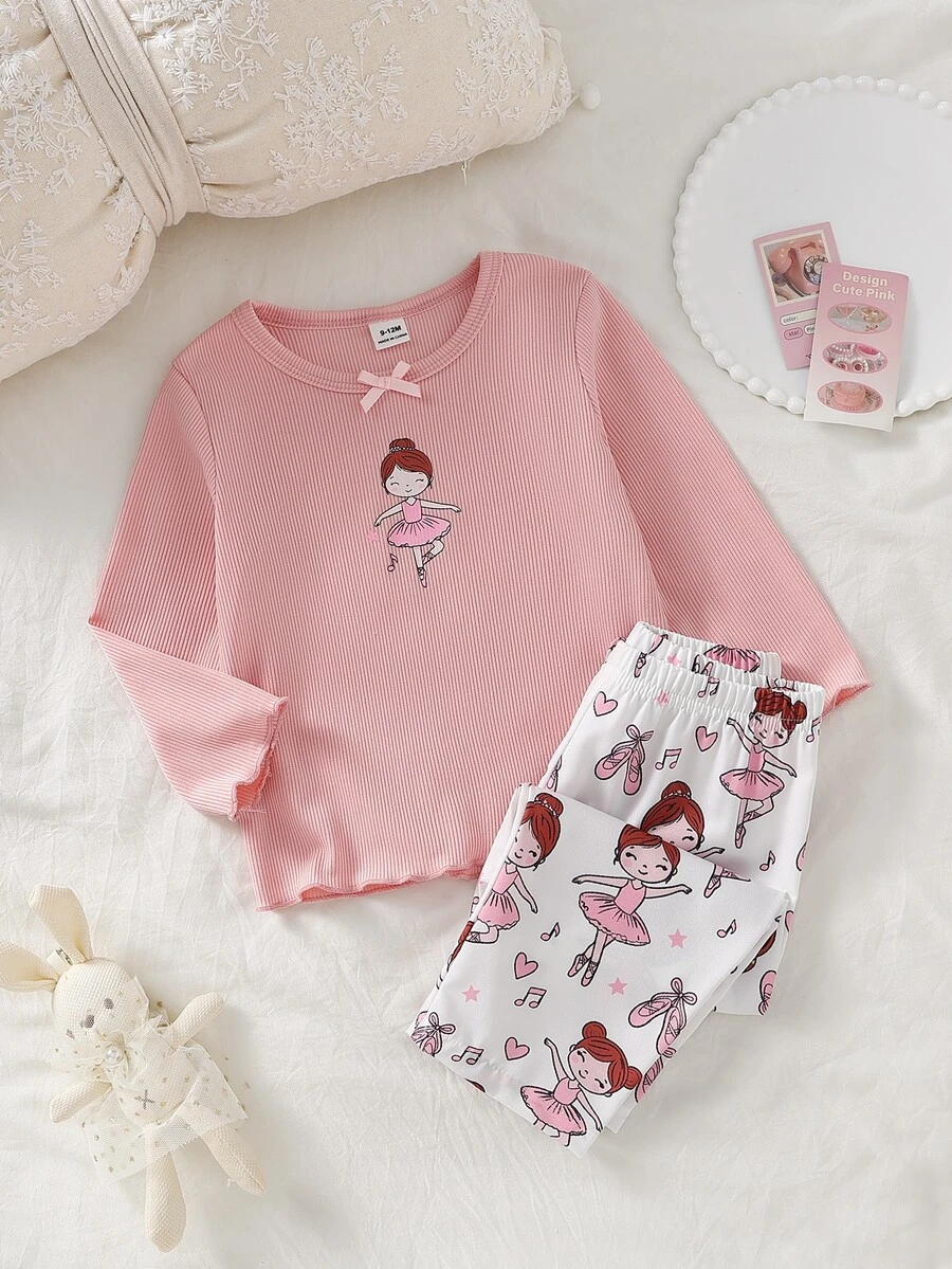 SHEIN Vintaside Kids 女嬰卡通印花長袖上衣與長褲家居服套裝 - 粉色 - 查看 1