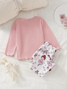 SHEIN Vintaside Kids 女嬰卡通印花長袖上衣與長褲家居服套裝 - 粉色 - 查看 2