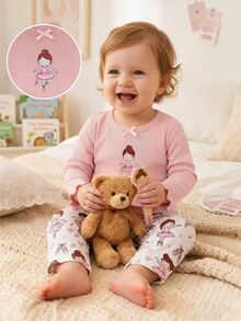 SHEIN Vintaside Kids 女嬰卡通印花長袖上衣與長褲家居服套裝 - 粉色 - 查看 6