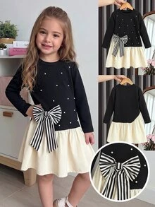 SHEIN Playful Pals 幼女拼接洋裝，甜美優雅，黑色奶油色珍珠蝴蝶結條紋荷葉邊長袖圓領，生日派對秋季芭蕾公主風舒適A字裙 - 黑與白 - 查看 3