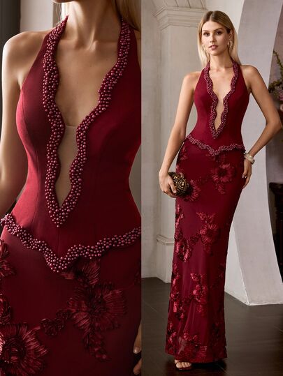 MOTF Soiréza ELEGANT WOMEN'S SLEEVELESS HALTER NECK MAXI PARTY GOWN WITH WAVY DEEP V-NECKLINE, PEARL EMBELLISHMENTS AT NECKLINE, UPPER BODY & HEM, 3D FLORAL APPLIQUE FABRIC WITH INTRICATE PATTERNS AT SKIRT