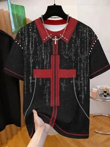 Gym Rark Kaos Lengan Pendek Pria Motif Salib Merah, Rantai Paku Keling, dan Santo dengan Grafis Kulit Imitasi Bertekstur Vintage Usang, Kerah Palsu, Leher Bulat Longgar, Warna Gelap Ukuran S - MultiWarna - View 1