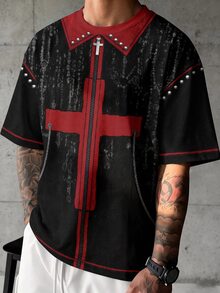 Gym Rark Kaos Lengan Pendek Pria Motif Salib Merah, Rantai Paku Keling, dan Santo dengan Grafis Kulit Imitasi Bertekstur Vintage Usang, Kerah Palsu, Leher Bulat Longgar, Warna Gelap Ukuran S - MultiWarna - View 3