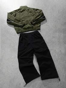 PAVTROS 2pcs Men's Vintage Style Tracksuit Set, Stand Collar Jacket And Pants, Dark Green Black Color Block, Unique Bright Design, Suitable For Sports Beach - Army Green - View 2
