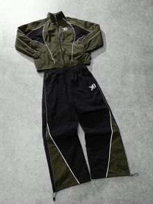 PAVTROS 2pcs Men's Vintage Style Tracksuit Set, Stand Collar Jacket And Pants, Dark Green Black Color Block, Unique Bright Design, Suitable For Sports Beach - Army Green - View 1