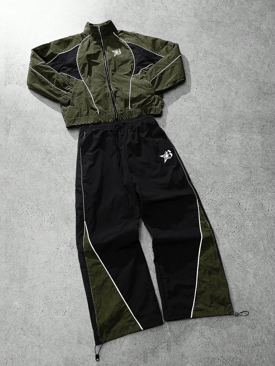 PAVTROS 2pcs Men's Vintage Style Tracksuit Set, Stand Collar Jacket And Pants, Dark Green Black Color Block, Unique Bright Design, Suitable For Sports Beach - Army Green - View 1