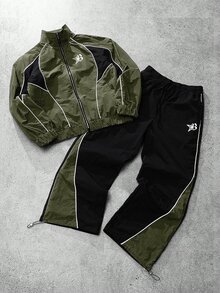 PAVTROS 2pcs Men's Vintage Style Tracksuit Set, Stand Collar Jacket And Pants, Dark Green Black Color Block, Unique Bright Design, Suitable For Sports Beach - Army Green - View 7