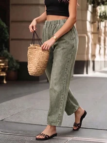 EMERY ROSE CURVE Celana Jeans Denim Kasual Wanita Ukuran Besar untuk Awal Musim Gugur - Hijau - View 3