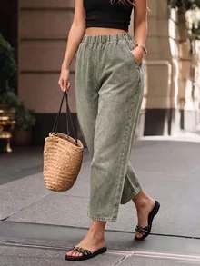 EMERY ROSE CURVE Celana Jeans Denim Kasual Wanita Ukuran Besar untuk Awal Musim Gugur - Hijau - View 6