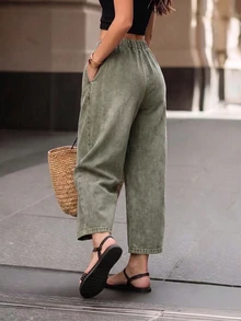EMERY ROSE CURVE Celana Jeans Denim Kasual Wanita Ukuran Besar untuk Awal Musim Gugur - Hijau - View 2
