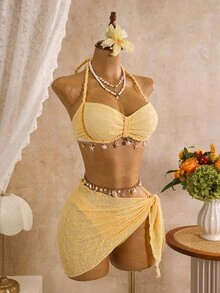 Swim Vcay Spring/Summer Sun Beach 3 Pieces Swimwear Set, Solid Color Textured Shell Lace Braided Rope Halter Triangle Bikini Bottom And Skirt Women's Swimwear - Yellow - View 4