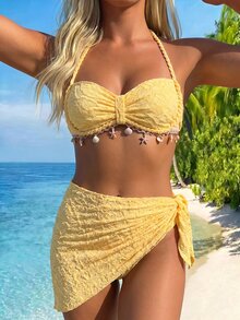 Swim Vcay Spring/Summer Sun Beach 3 Pieces Swimwear Set, Solid Color Textured Shell Lace Braided Rope Halter Triangle Bikini Bottom And Skirt Women's Swimwear - Yellow - View 8