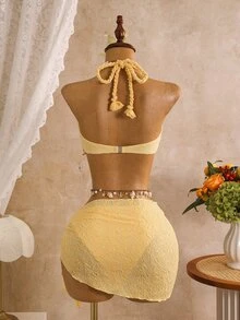 Swim Vcay Spring/Summer Sun Beach 3 Pieces Swimwear Set, Solid Color Textured Shell Lace Braided Rope Halter Triangle Bikini Bottom And Skirt Women's Swimwear - Yellow - View 2