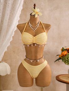 Swim Vcay Spring/Summer Sun Beach 3 Pieces Swimwear Set, Solid Color Textured Shell Lace Braided Rope Halter Triangle Bikini Bottom And Skirt Women's Swimwear - Yellow - View 6