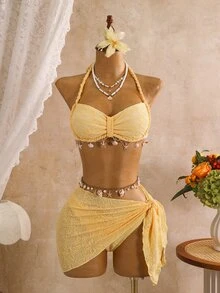 Swim Vcay Spring/Summer Sun Beach 3 Pieces Swimwear Set, Solid Color Textured Shell Lace Braided Rope Halter Triangle Bikini Bottom And Skirt Women's Swimwear - Yellow - View 3