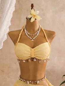 Swim Vcay Spring/Summer Sun Beach 3 Pieces Swimwear Set, Solid Color Textured Shell Lace Braided Rope Halter Triangle Bikini Bottom And Skirt Women's Swimwear - Yellow - View 5
