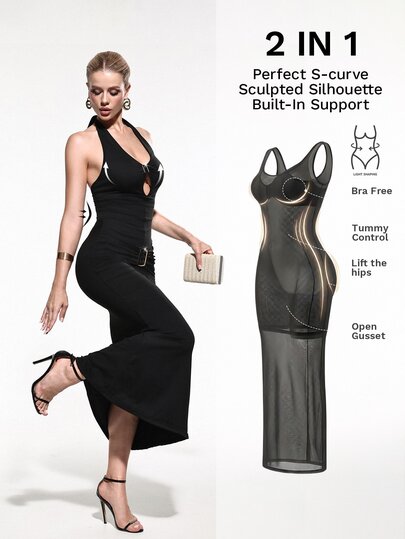 Nuvra Women's 2-In-1 Long Sleeve Low Cut Tummy Control Butt Lift Waist Shaping Body Sculpting Mid-Length Dress